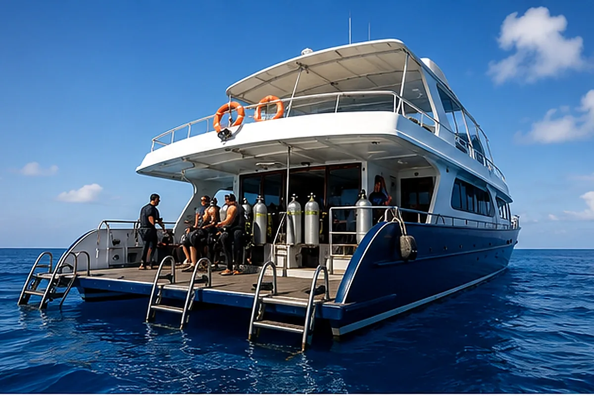 Two liveaboard boats anchored near a clear-water reef for self-guided diving