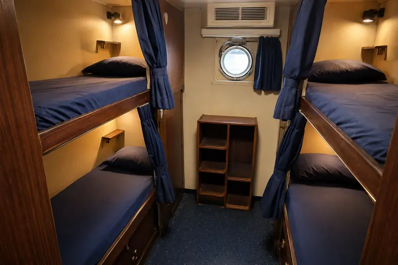 Budget liveaboard dormitory cabin with compact single bunk beds and privacy curtains