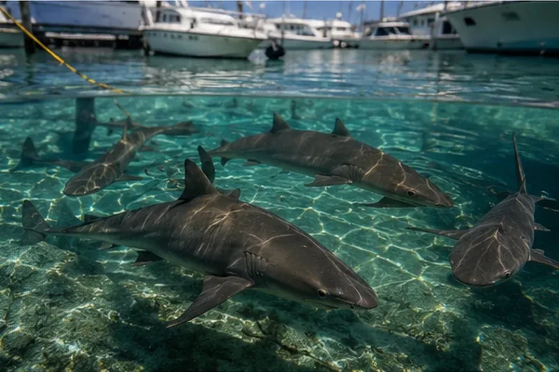 Bull sharks swimming in clear shallow harbour water in the Bahamas