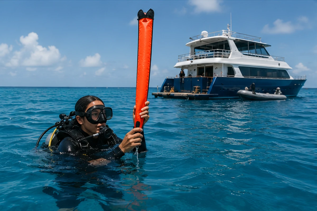 A diver at the surface deploys a surface marker buoy with the liveaboard nearby