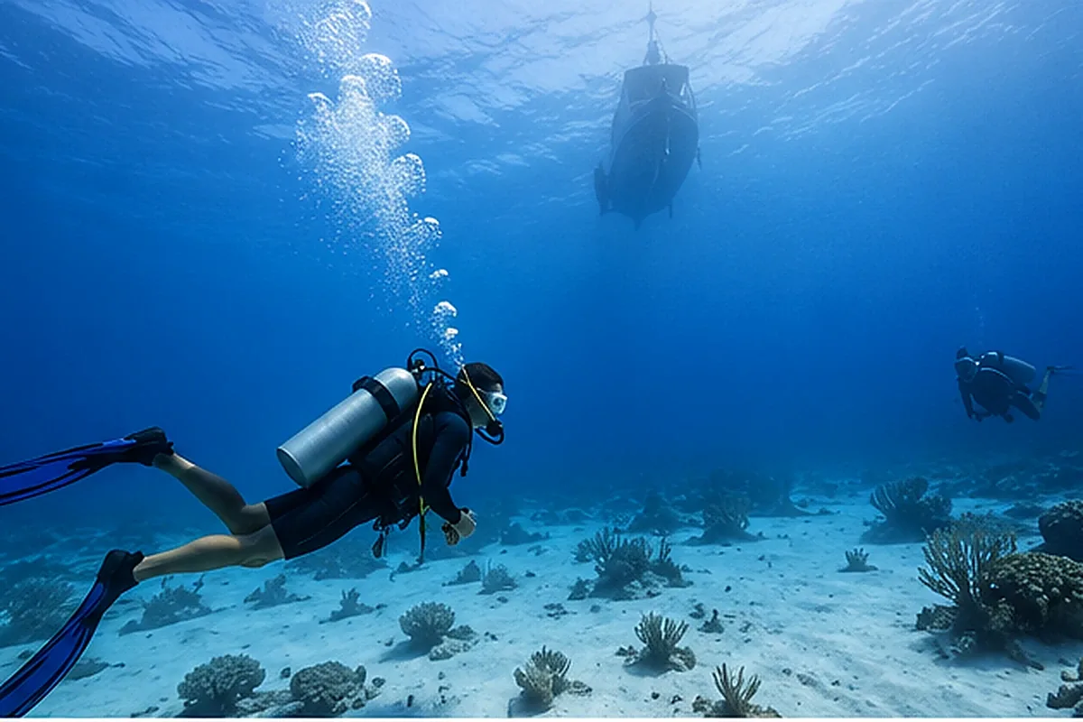 Scuba diver navigating independently over a clear reef without an in-water guide