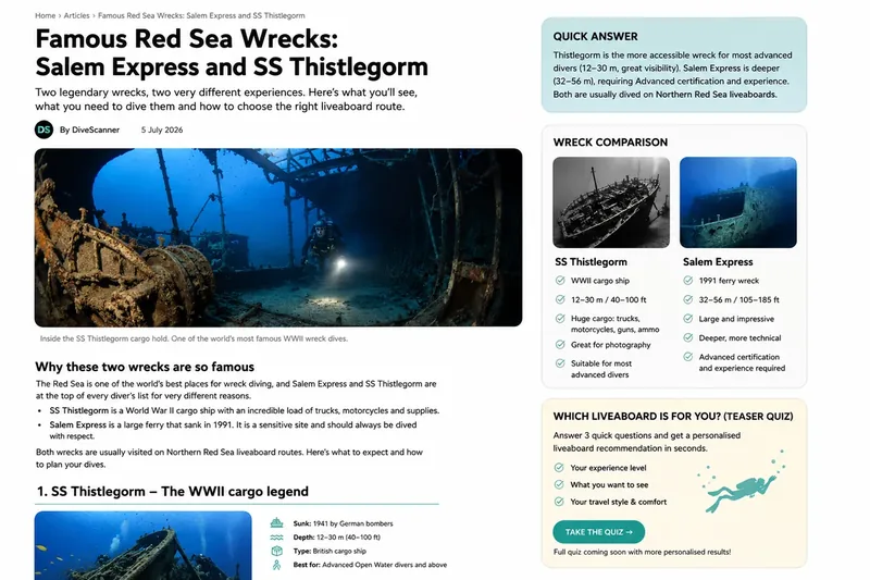 Infographic comparing SS Thistlegorm and Salem Express Red Sea wreck dives by route, depth and diver level
