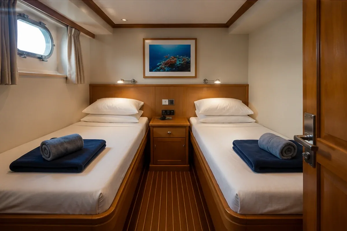 Compact twin cabin prepared for guests on a scuba diving liveaboard