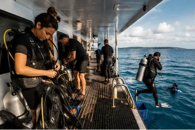 Divers preparing equipment on the dive deck during a first liveaboard trip