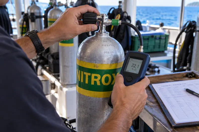 Diver checking a Nitrox cylinder with an oxygen analyzer