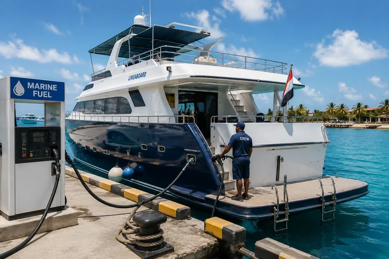 A liveaboard dive boat being refuelled at a marine fuel dock, a crew member holding the fuel nozzle