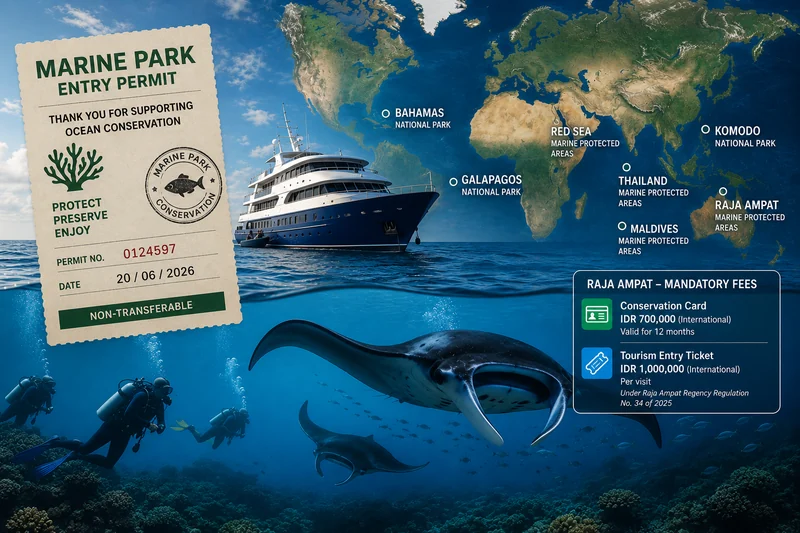 A marine park entry permit beside a world map of dive destinations with marine park fees, over divers and manta rays on a reef