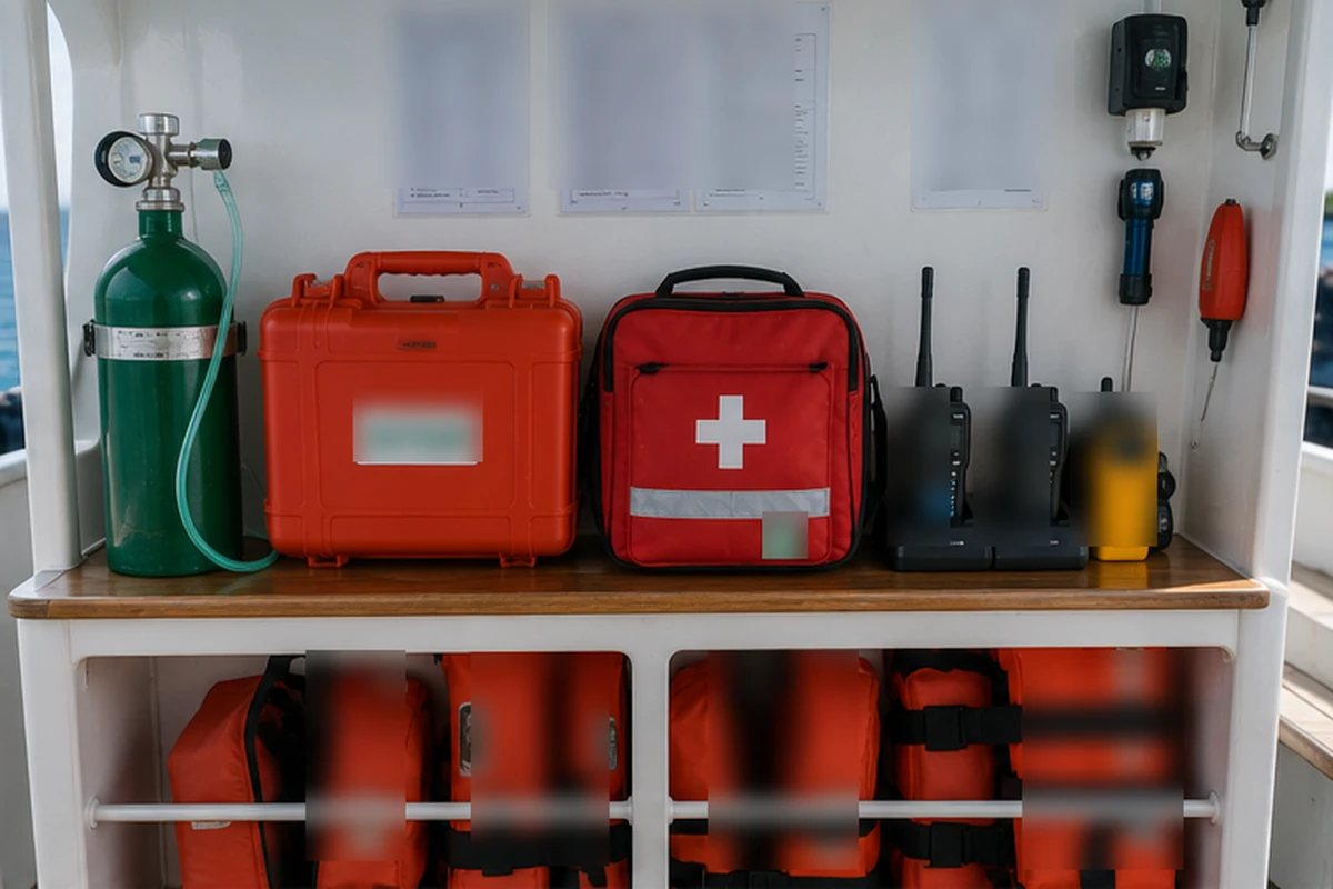 Liveaboard safety equipment: oxygen, first aid kit, radios and life jackets