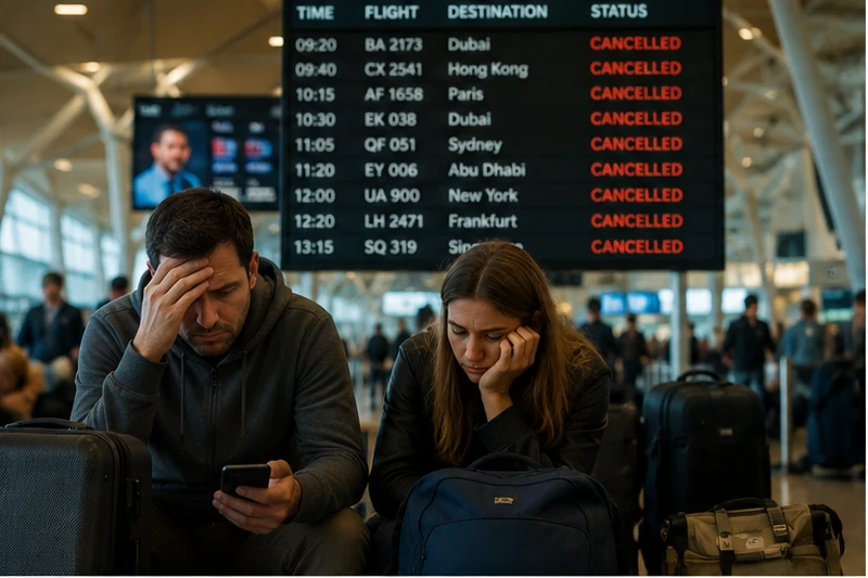 Couple with scuba luggage waiting at an airport under cancelled flight departures