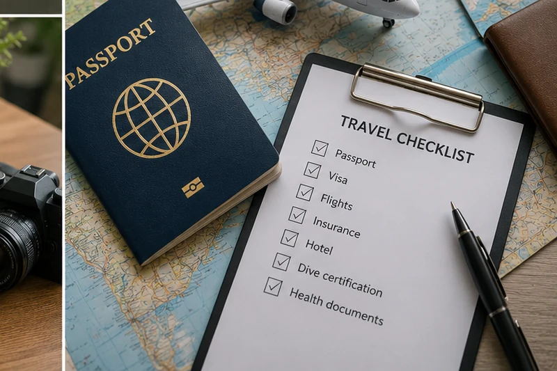 Diver checking passport and liveaboard travel documents before a dive trip