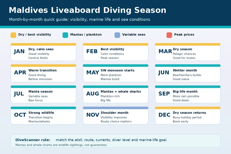 Month-by-month Maldives liveaboard diving season infographic with mantas whale sharks visibility and sea conditions