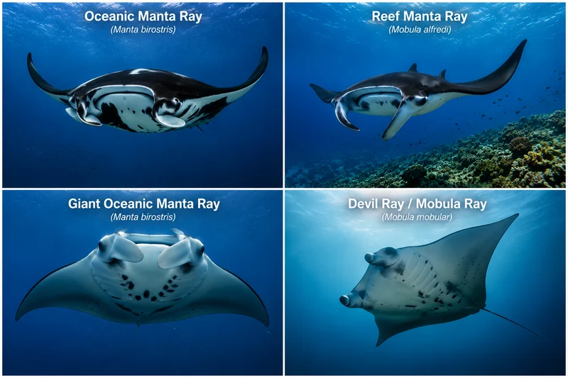 Comparison chart of four ray species: oceanic manta, reef manta, giant oceanic manta and devil or mobula ray, each labelled with its scientific name