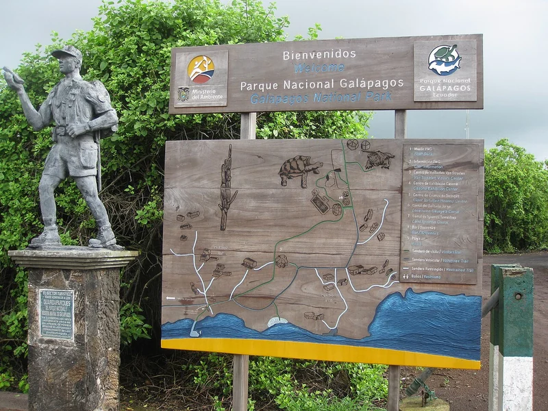 A Galapagos National Park welcome sign at a dive destination entrance