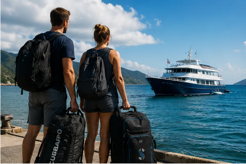 Couple with scuba gear suitcases watching a liveaboard depart in the distance