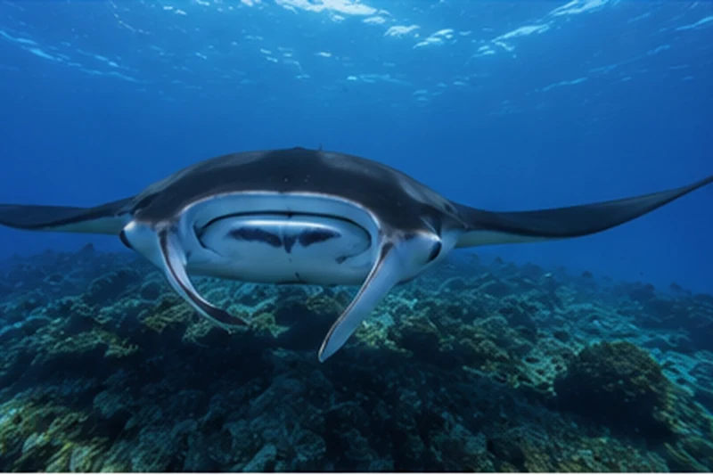 A reef manta ray gliding over a coral reef cleaning station