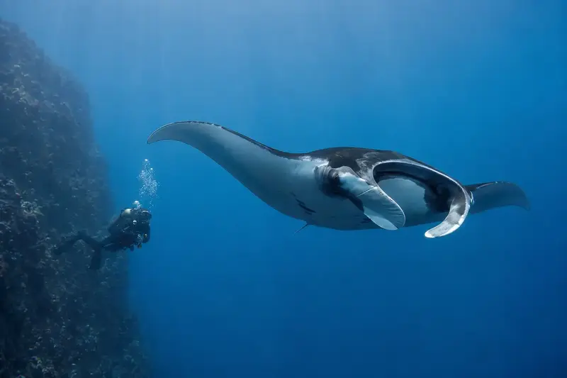 Scuba diver encountering a giant oceanic manta at the Revillagigedo Archipelago