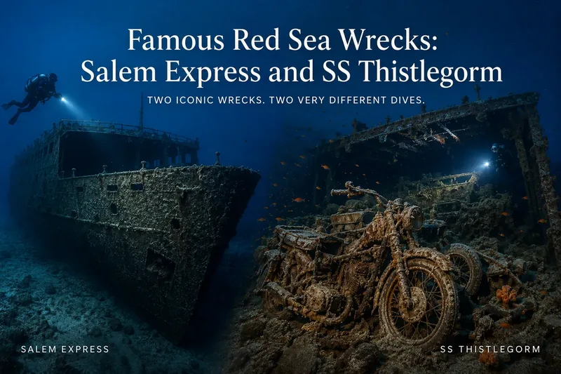 SS Thistlegorm and Salem Express wrecks underwater in the Red Sea