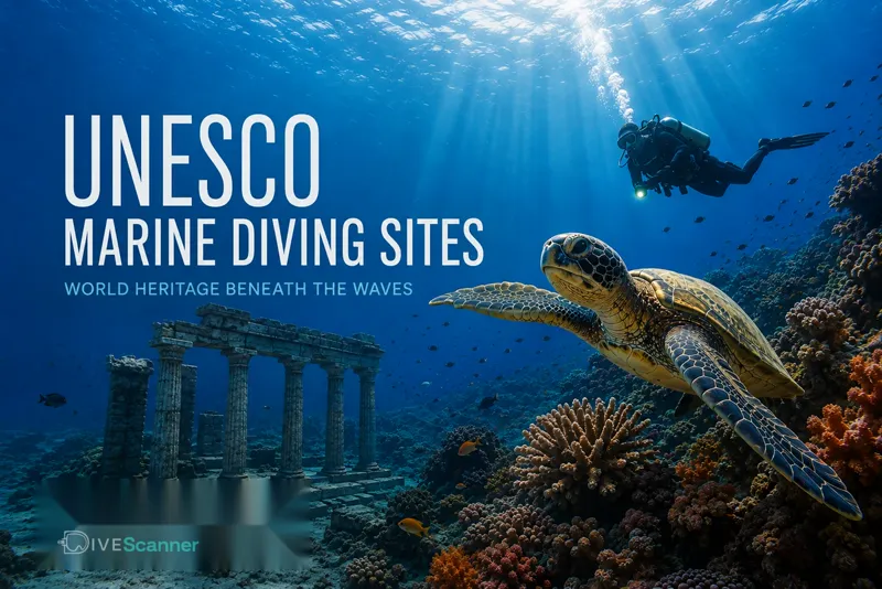 UNESCO marine diving sites with a sea turtle, scuba diver, coral reef and submerged ruins