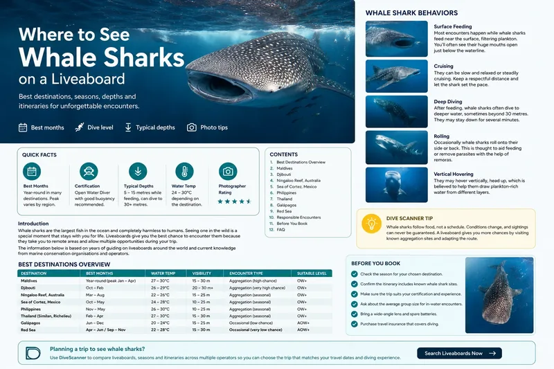 Whale shark guide showing behaviour, seasons, destinations and liveaboard planning