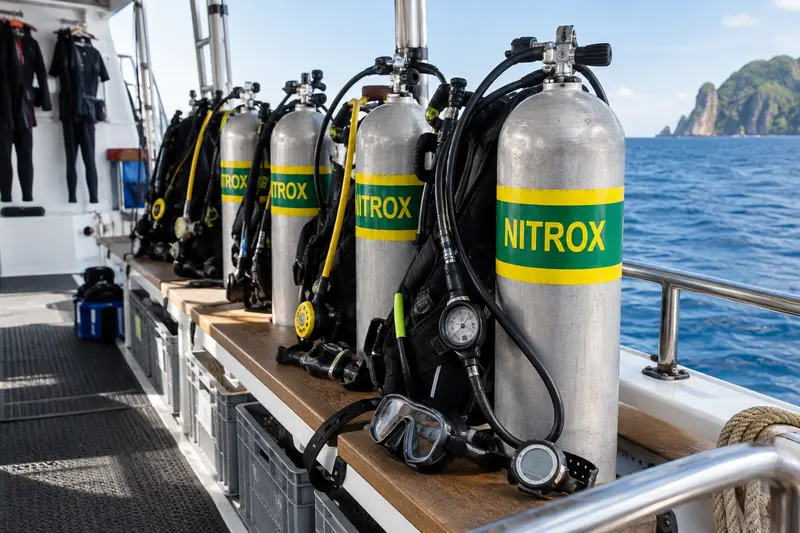 Nitrox scuba cylinders prepared on a liveaboard dive deck